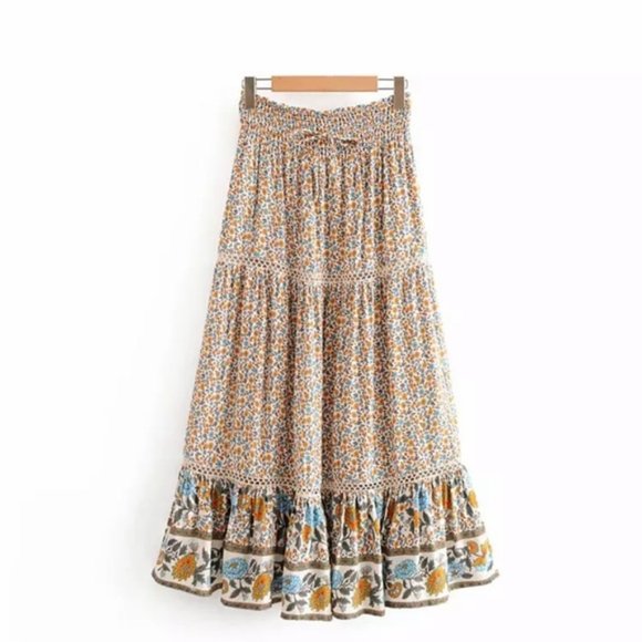 Long Maxi Boho Floral Gypsy Print Skirt Crochet - Picture 9 of 16